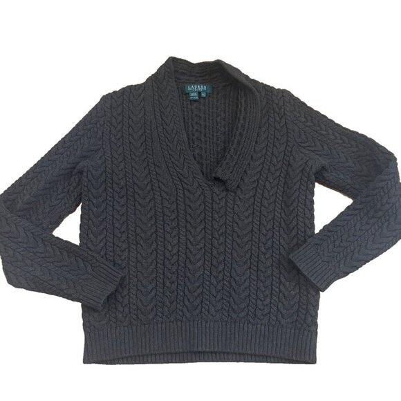 Lauren Ralph Lauren Womens P/L Green Cotton Cable-Knit Cotton V-Neck Sweater - Picture 1 of 7